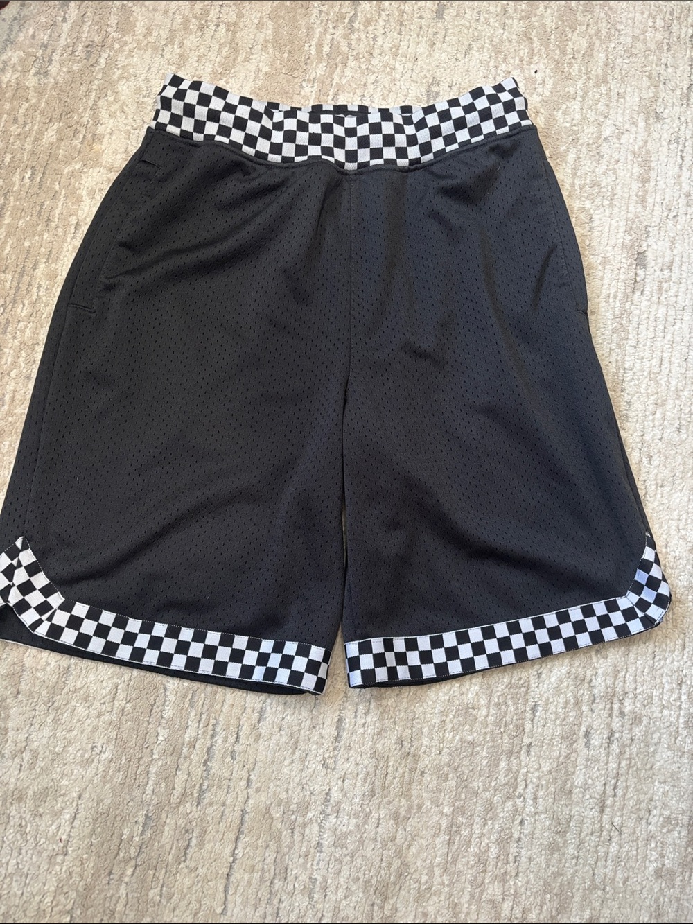 Men's Black Athletic Shorts with Checkerboard Waist and Hem